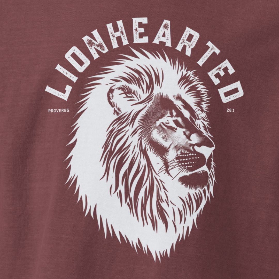 Maroon colored t-shirt with a majestic lion head and Lionhearted text.