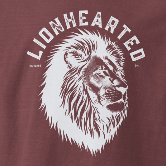 Maroon colored t-shirt with a majestic lion head and Lionhearted text.