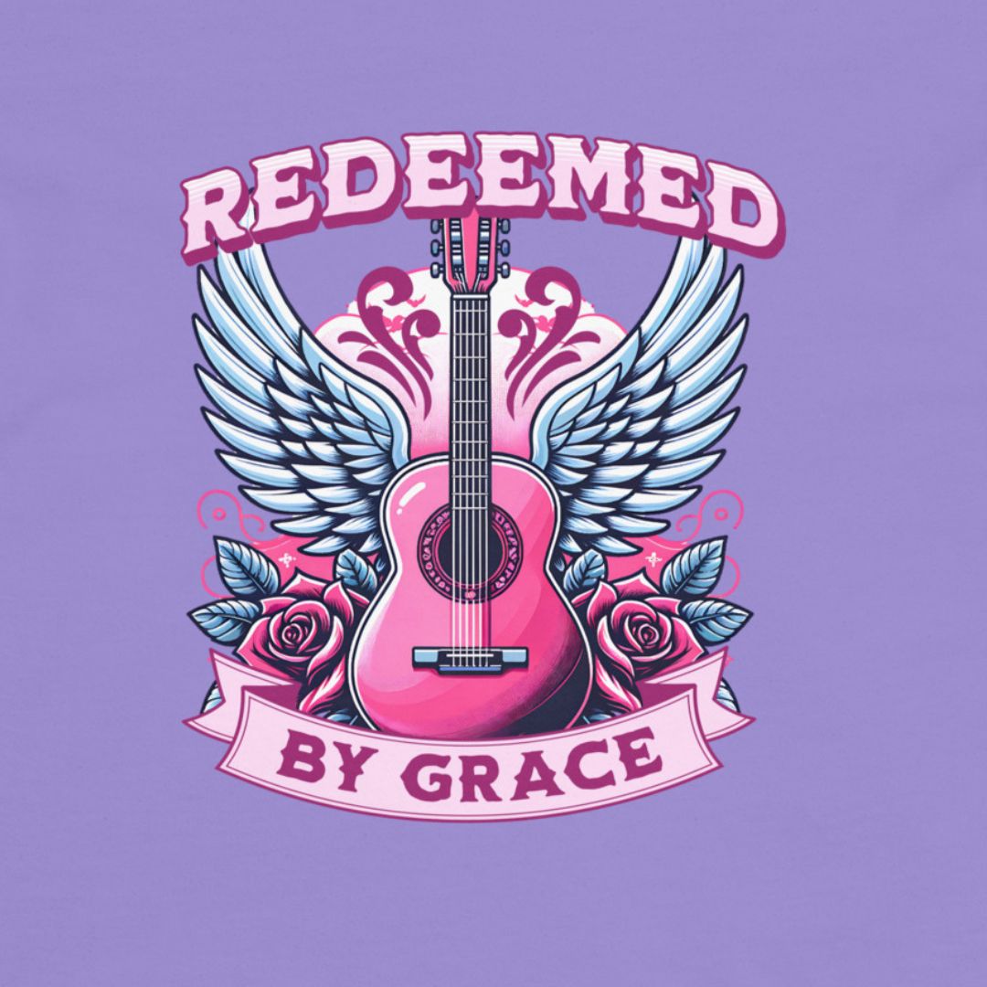 Pink guitar with wings and roses on a purple background with ' Redeemed by Grace' text.