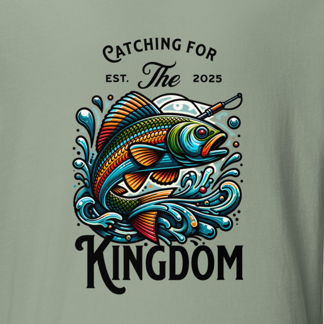 T-shirt with a colorful fish graphic and text on a light green background