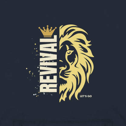 Revival Text next to a lion head, all with a crown. Navy blue hoodie.