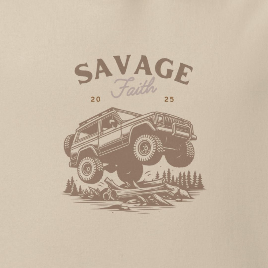 Savage Faith logo with off-road vehicle and trees on a beige background