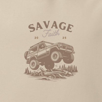 Savage Faith logo with off-road vehicle and trees on a beige background