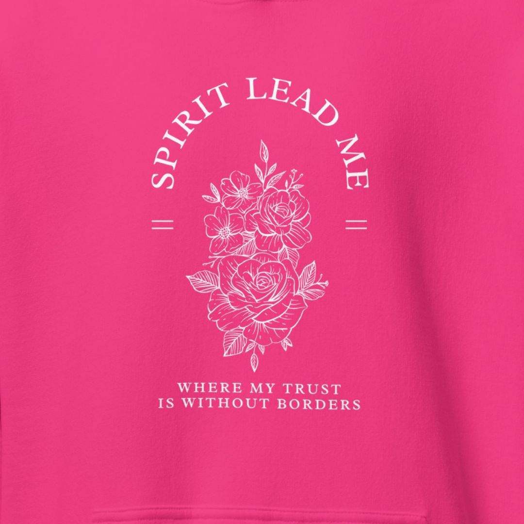 Pink sweatshirt with white floral design and Spirit Lead Me text 