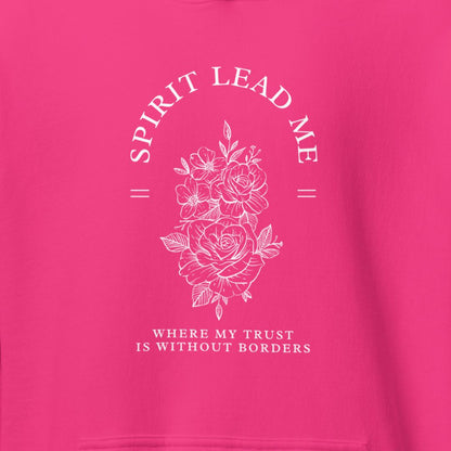 Pink sweatshirt with white floral design and Spirit Lead Me text 