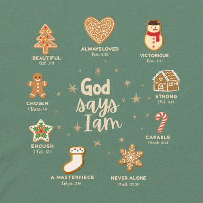 Green image that has decorated Christmas cookies listed next to a quality that God says I am.