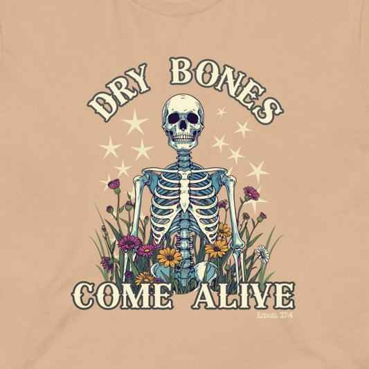 T-shirt with a skeleton and flowers design on a beige background. Dry bones come alive, Ezekiel 37:4