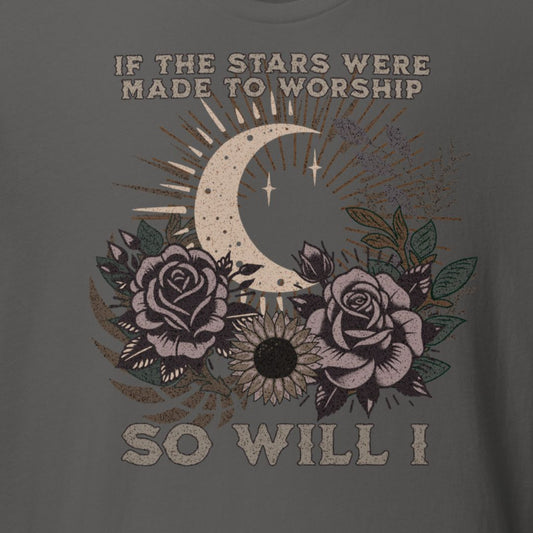 T-shirt with moon, stars, and flowers design on a dark gray background