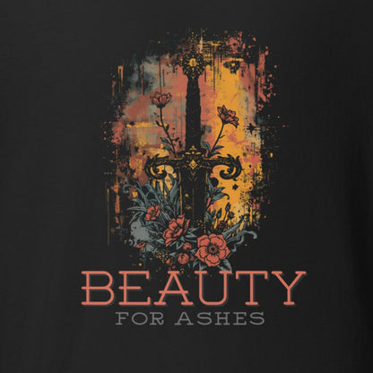 Black t-shirt with a sword and floral design on a dark background, featuring the text 'BEAUTY FOR ASHES'.