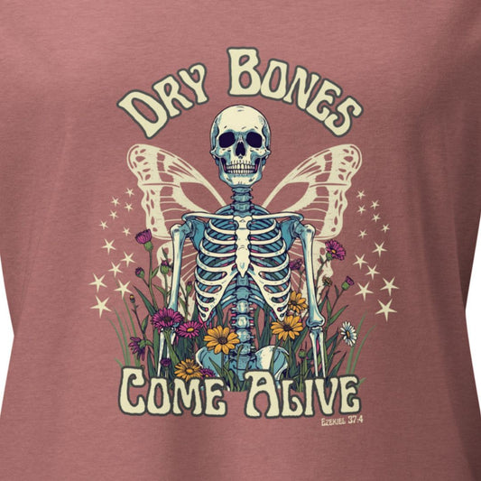 T-shirt with a skeleton and butterfly design on a maroon background. Dry Bones Come Alive.