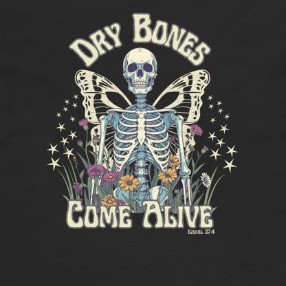 Maroon sweatshirt with a skeleton and butterfly design and text 'Dry Bones Come Alive' on a black hoodie.