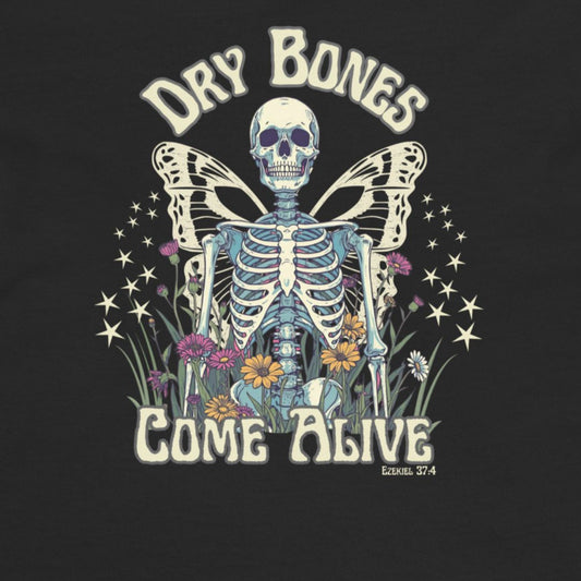 Maroon sweatshirt with a skeleton and butterfly design and text 'Dry Bones Come Alive' on a black hoodie.
