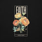 Faith Over Fear text on a black background with colorful roses and butterflies.