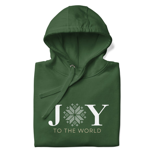 Folded Joy to the World Hoodie in Forest Green, showcasing soft Cotton Heritage M2580 fabric and premium stitching.