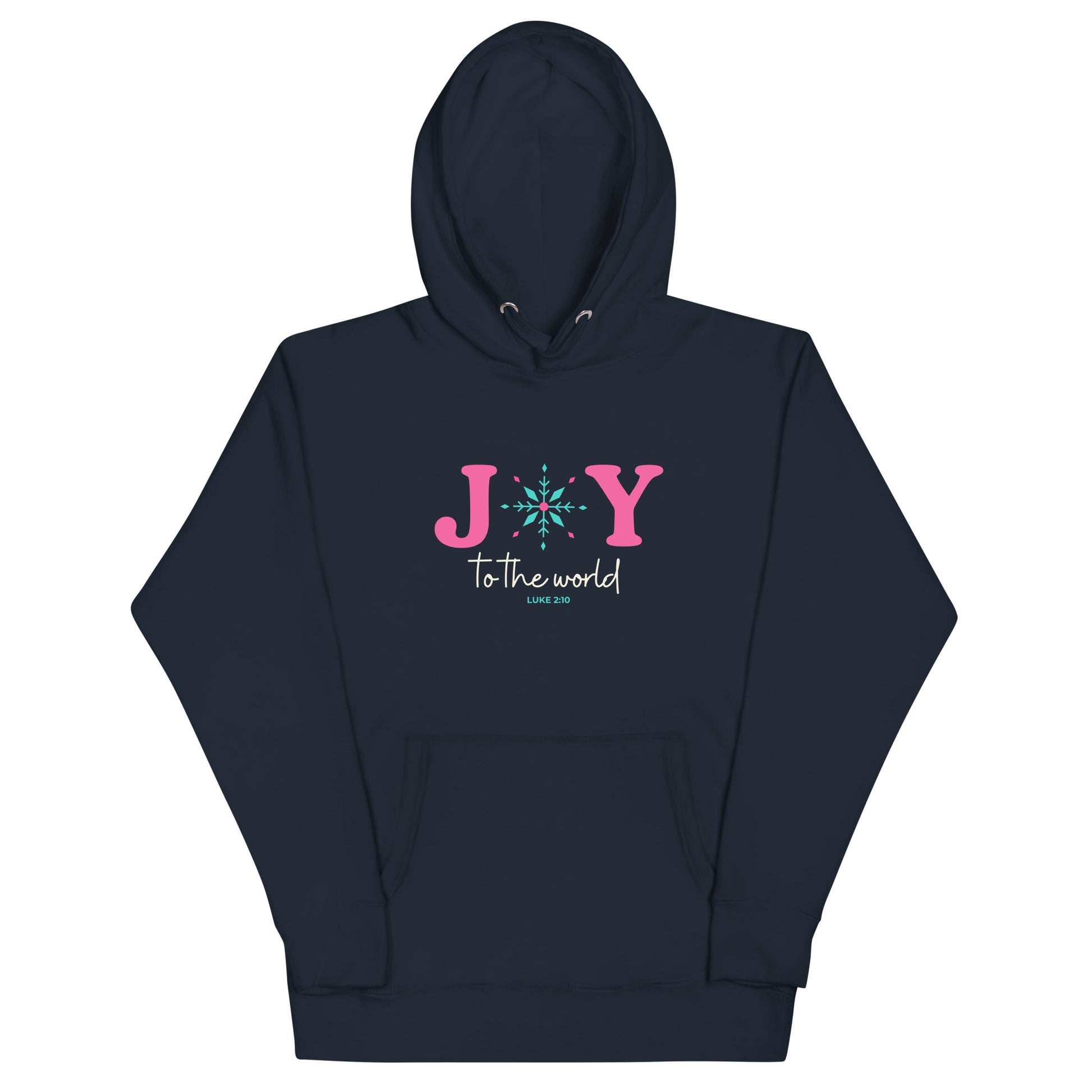 Hoodie with Joy to the world text, with Luke 2:10 referenced. The O in joy is represented by a snow flake. Christian apparel.