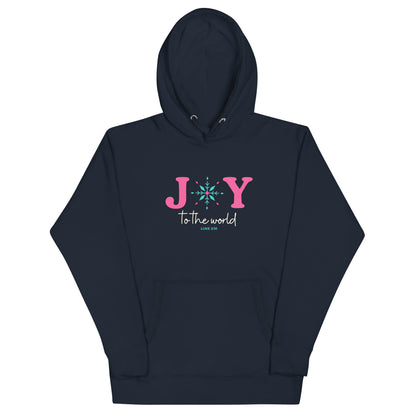 Hoodie with Joy to the world text, with Luke 2:10 referenced. The O in joy is represented by a snow flake. Christian apparel.