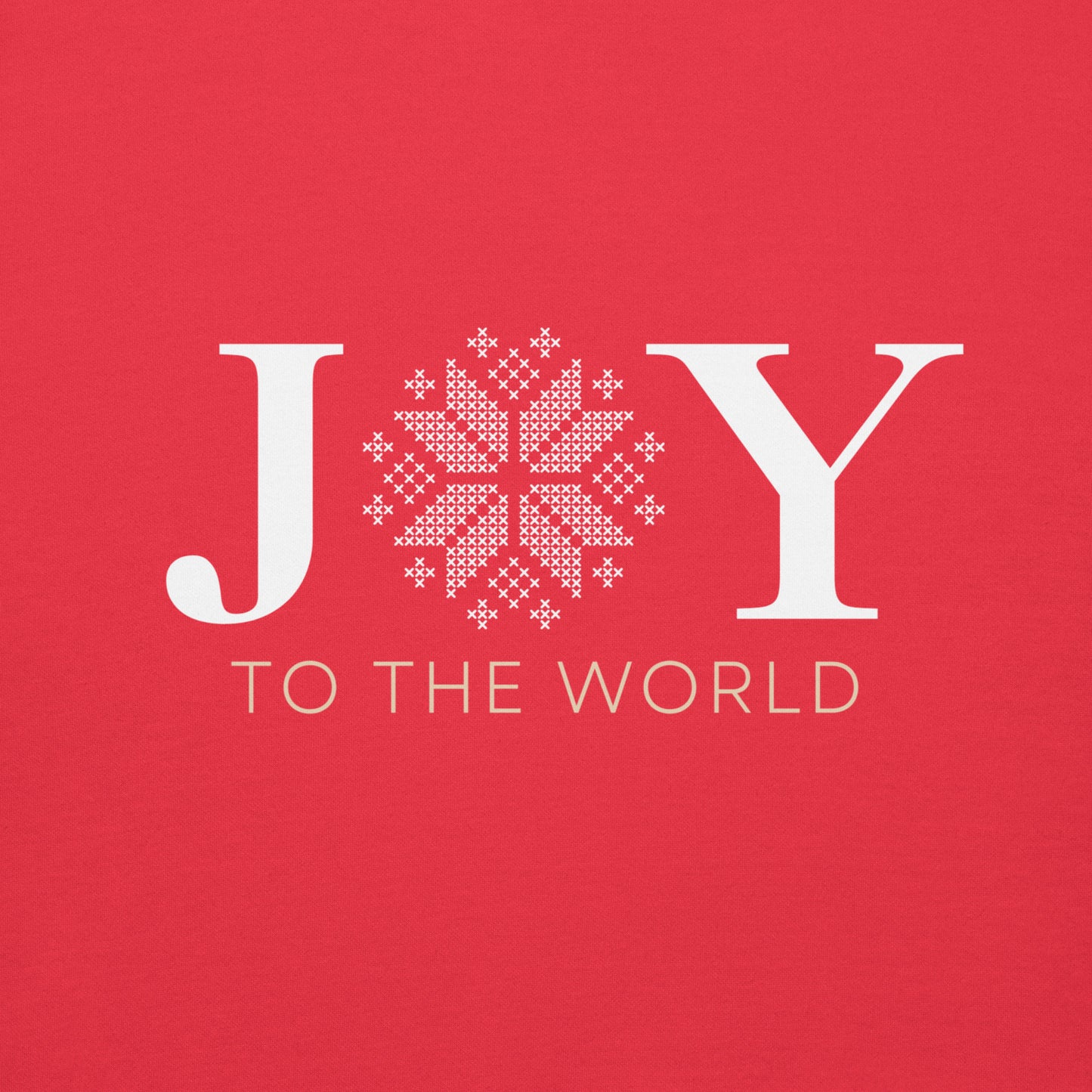 Detailed view of the Joy to the World graphic printed on Team Red Cotton Heritage M2580 hoodie, highlighting vibrant colors and texture.