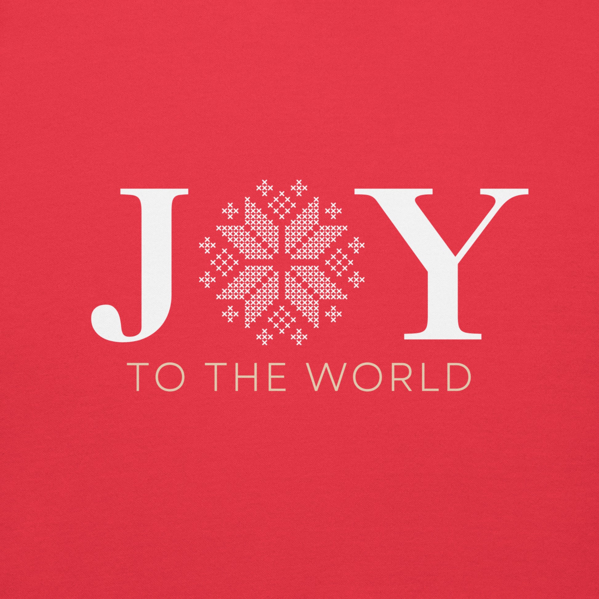 Detailed view of the Joy to the World graphic printed on Team Red Cotton Heritage M2580 hoodie, highlighting vibrant colors and texture.