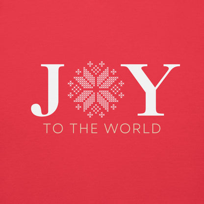 Detailed view of the Joy to the World graphic printed on Team Red Cotton Heritage M2580 hoodie, highlighting vibrant colors and texture.