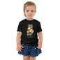 Toddler wearing black Faith Over Fear tee with colorful roses and butterflies.