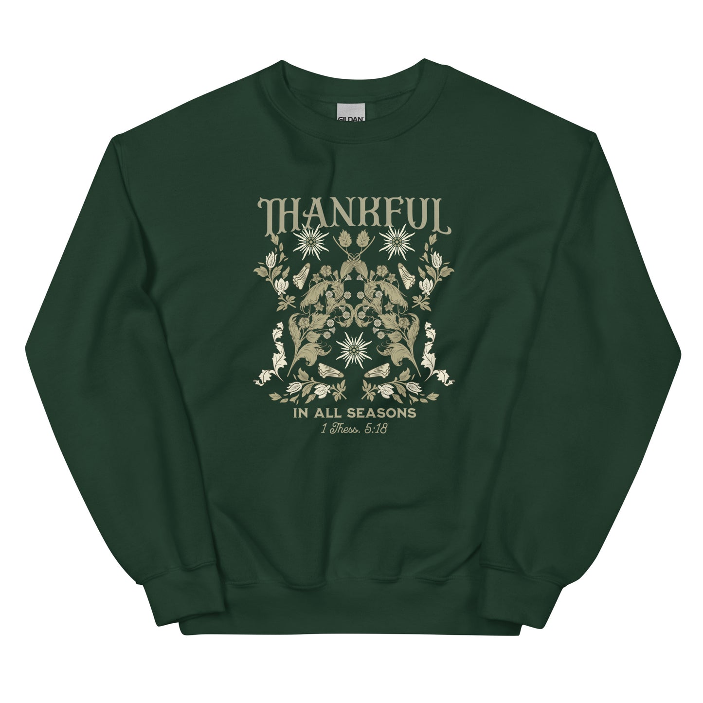 Forest Green Thankful Sweatshirt laid flat, showcasing classic fit and soft air-jet spun yarn on Gildan 18000.