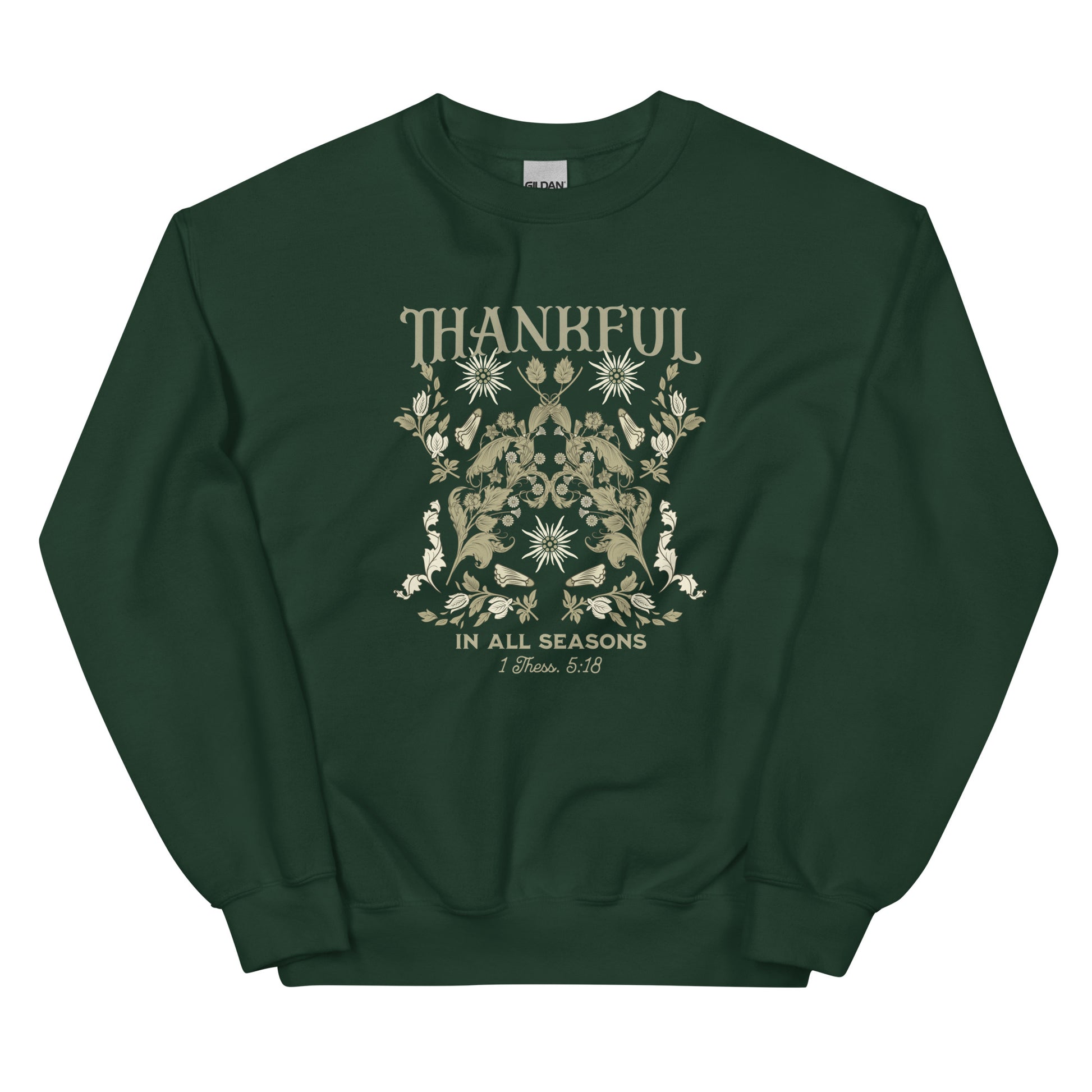 Forest Green Thankful Sweatshirt laid flat, showcasing classic fit and soft air-jet spun yarn on Gildan 18000.