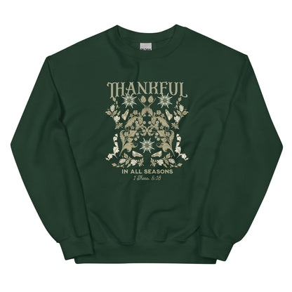 Forest Green Thankful Sweatshirt laid flat, showcasing classic fit and soft air-jet spun yarn on Gildan 18000.