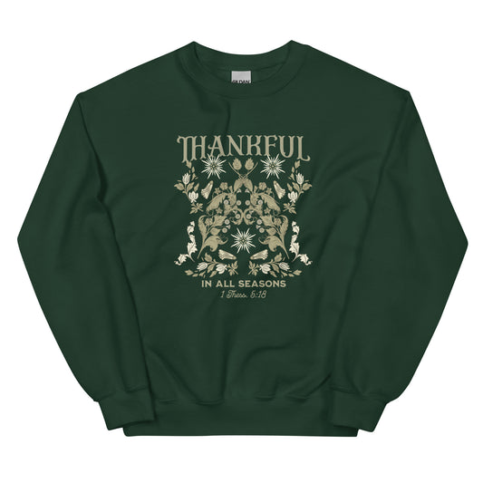 Forest Green Thankful Sweatshirt laid flat, showcasing classic fit and soft air-jet spun yarn on Gildan 18000.