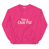Take A Chill Pill Sweatshirt in heliconia- pink color, minimalist design but gen x retro referene