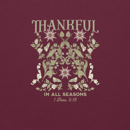 Up-close view of Thankful design printed on Maroon Gildan 18000 sweatshirt, highlighting crisp lettering and soft fabric texture.