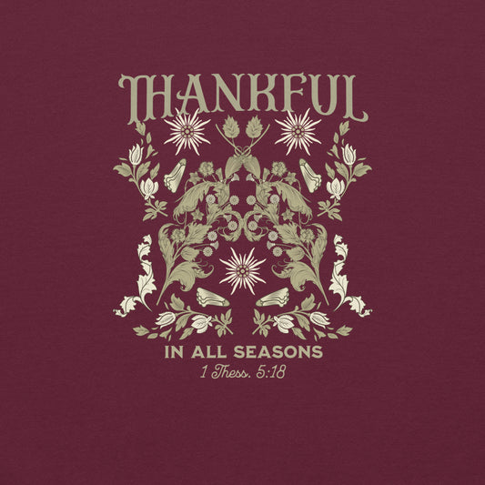 Up-close view of Thankful design printed on Maroon Gildan 18000 sweatshirt, highlighting crisp lettering and soft fabric texture.