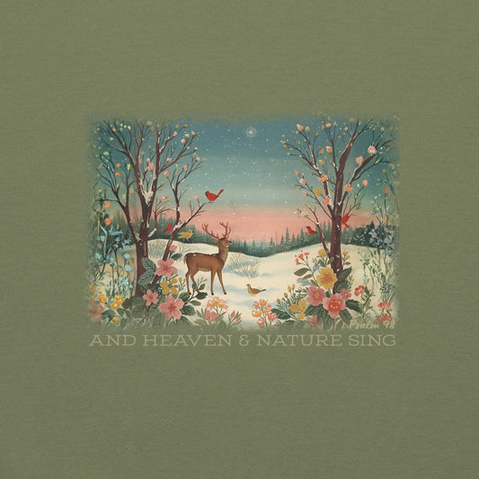 Close-up of Heaven and Nature Sing design on Military Green Gildan 18000 sweatshirt, highlighting detailed artwork and cozy texture.