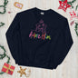 Navy colored Christian Christmas sweatshirt featuring colorful silhouette of a nativity scene with Adore Him text. 