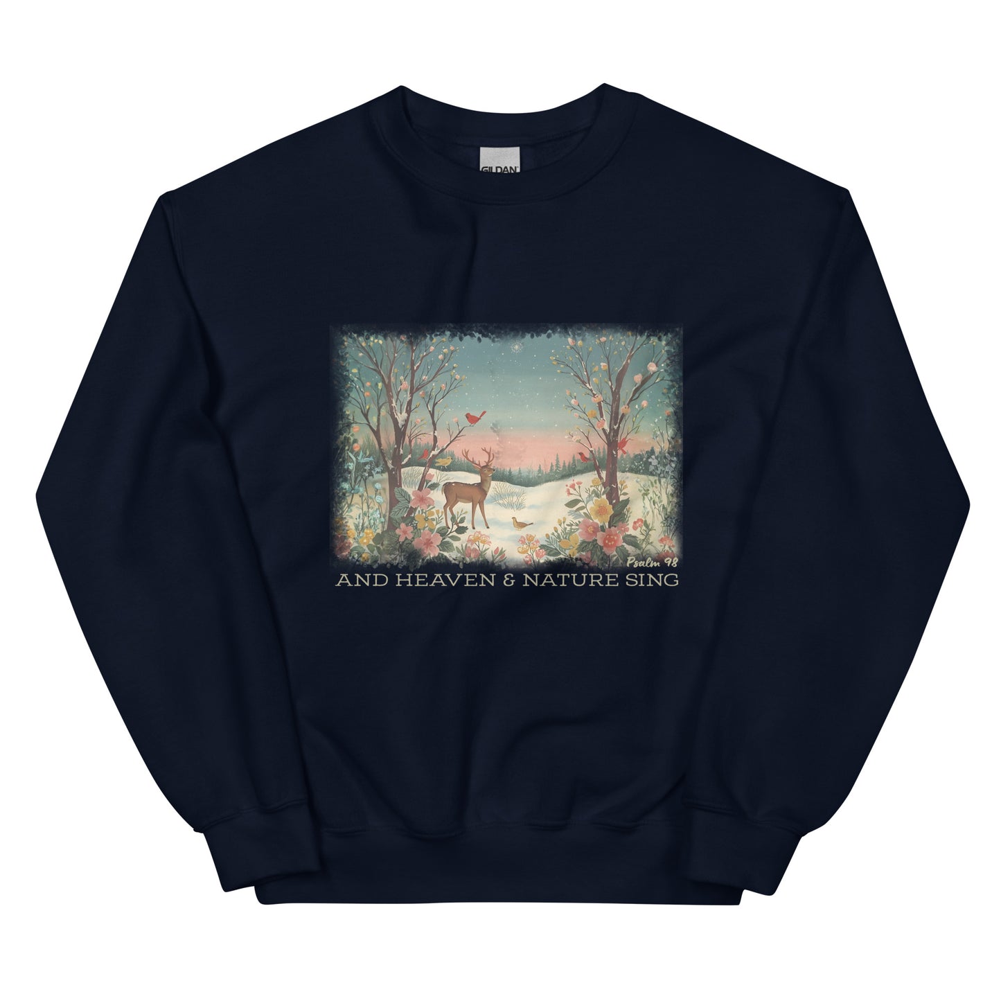 Navy Heaven and Nature Sing Sweatshirt laid flat, featuring a snowy animal scene and Star of Bethlehem design on soft Gildan 18000 fabric