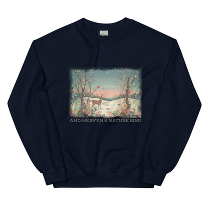 Navy Heaven and Nature Sing Sweatshirt laid flat, featuring a snowy animal scene and Star of Bethlehem design on soft Gildan 18000 fabric