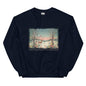 Navy Heaven and Nature Sing Sweatshirt laid flat, featuring a snowy animal scene and Star of Bethlehem design on soft Gildan 18000 fabric