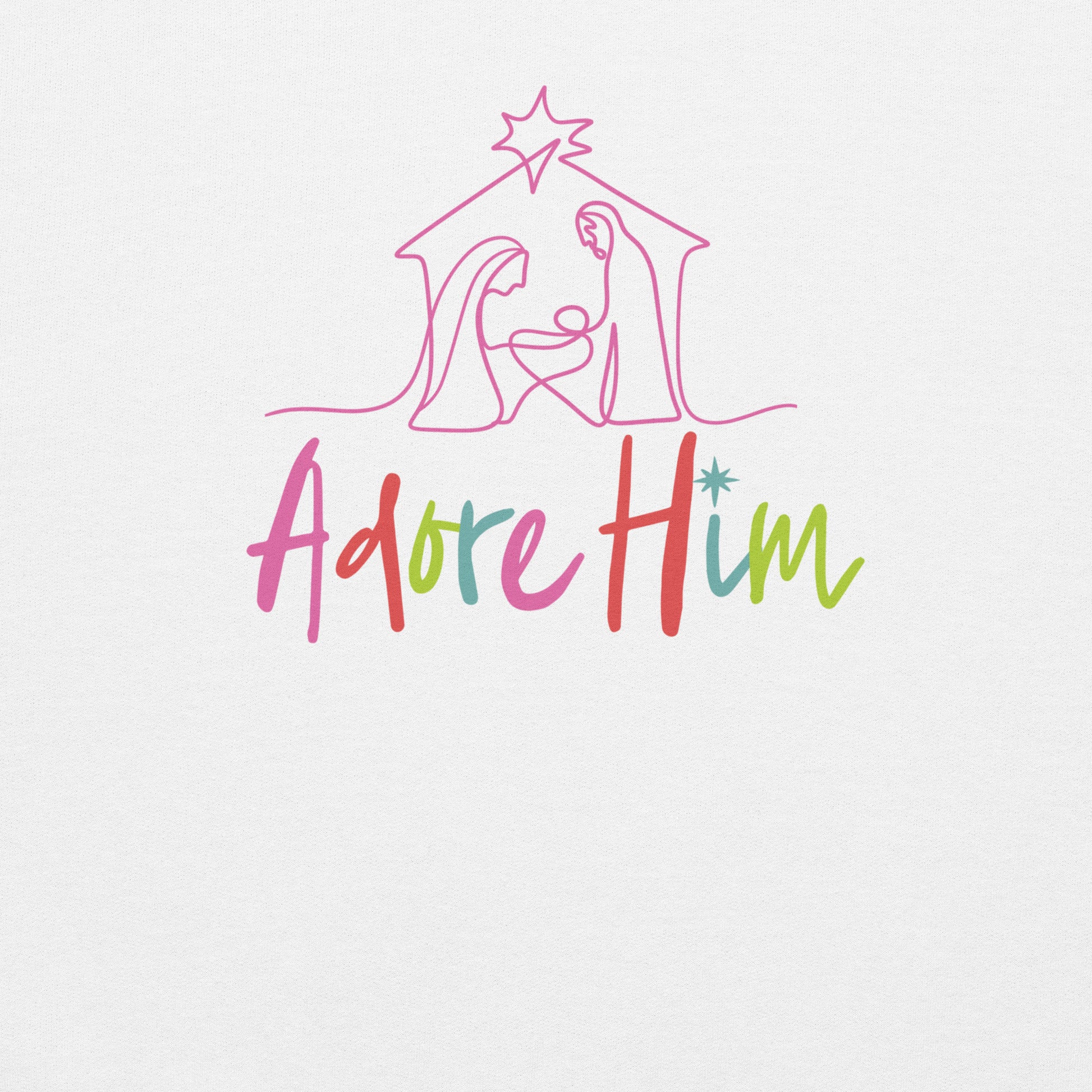 Colorful silhouette of a nativity scene with Adore Him text. Christian Christmas sweatshirt.