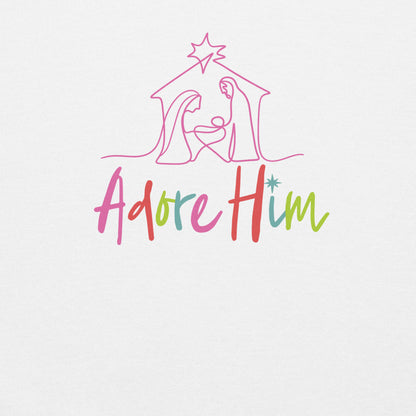 Colorful silhouette of a nativity scene with Adore Him text. Christian Christmas sweatshirt.