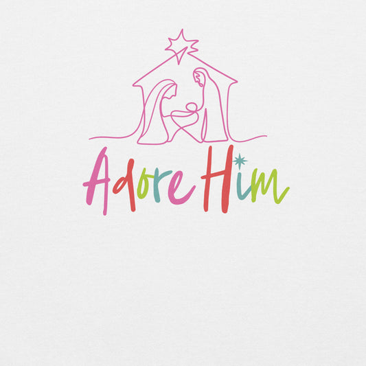 Colorful silhouette of a nativity scene with Adore Him text. Christian Christmas sweatshirt.