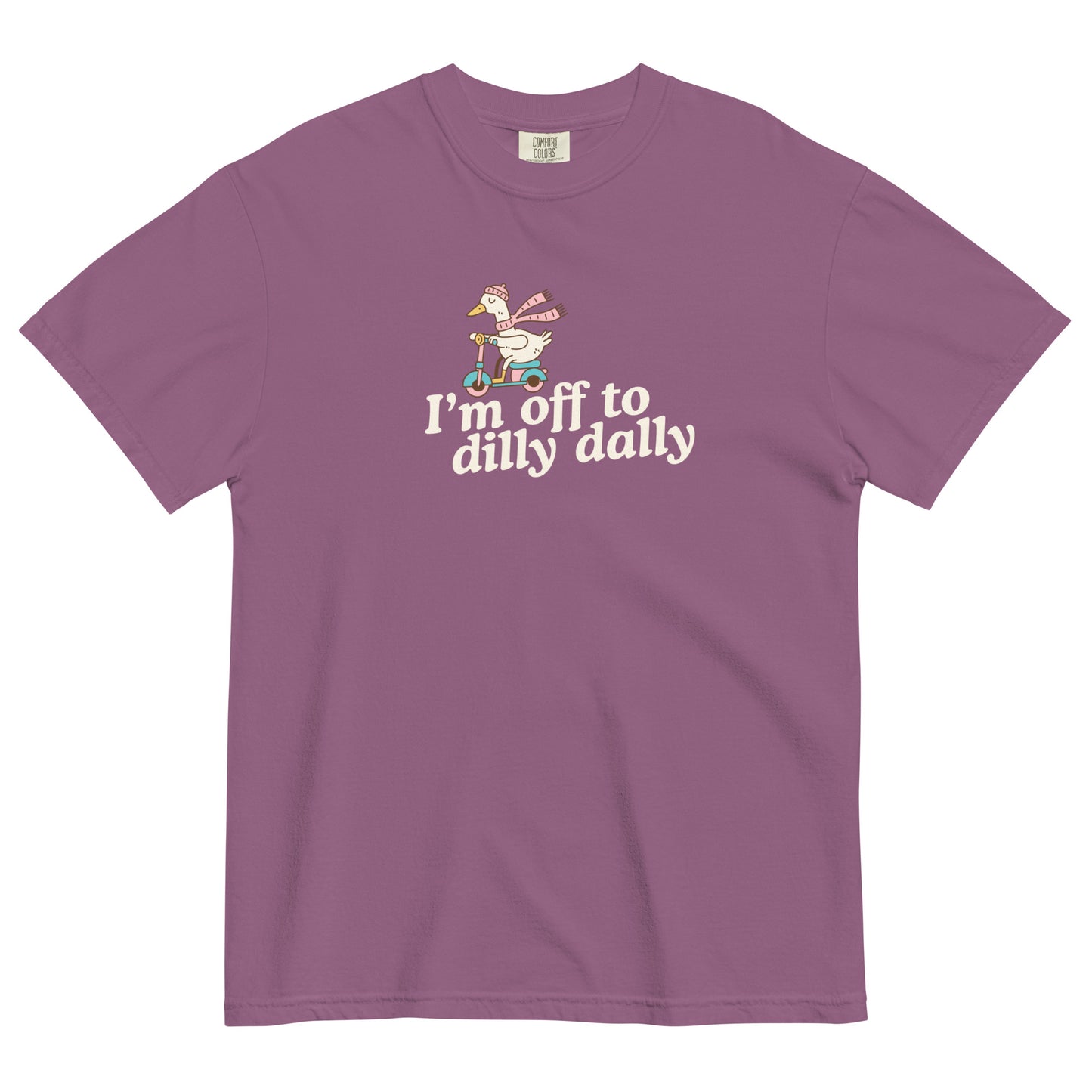 I'm Off To Dilly Dally text with cartoon goose on a scooter. Funny shirt for the wanderers and shoppers. 