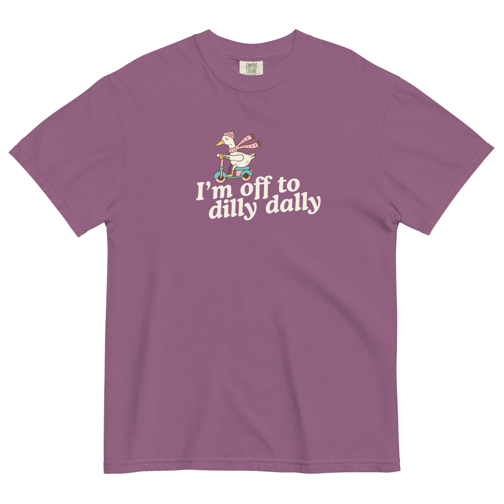 I'm Off To Dilly Dally text with cartoon goose on a scooter. Funny shirt for the wanderers and shoppers. 