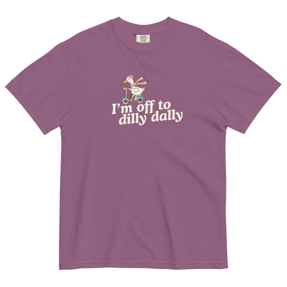 I'm Off To Dilly Dally text with cartoon goose on a scooter. Funny shirt for the wanderers and shoppers. 