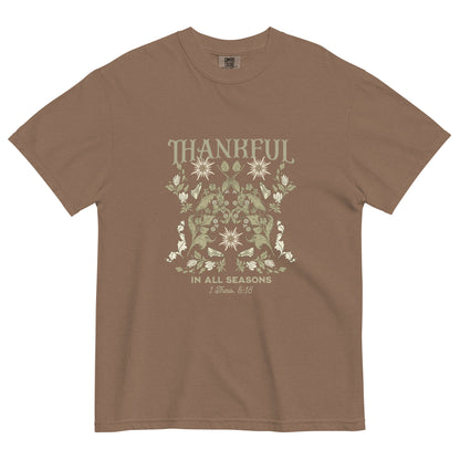 Thankful in All Seasons tee with 1 Thessalonians 5:18 verse. Faith-inspired design on seasonal-themed shirt.