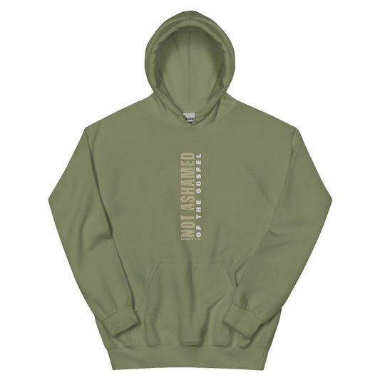 Military green hoodie with 'Not Ashamed of the Gospel' text in beige
