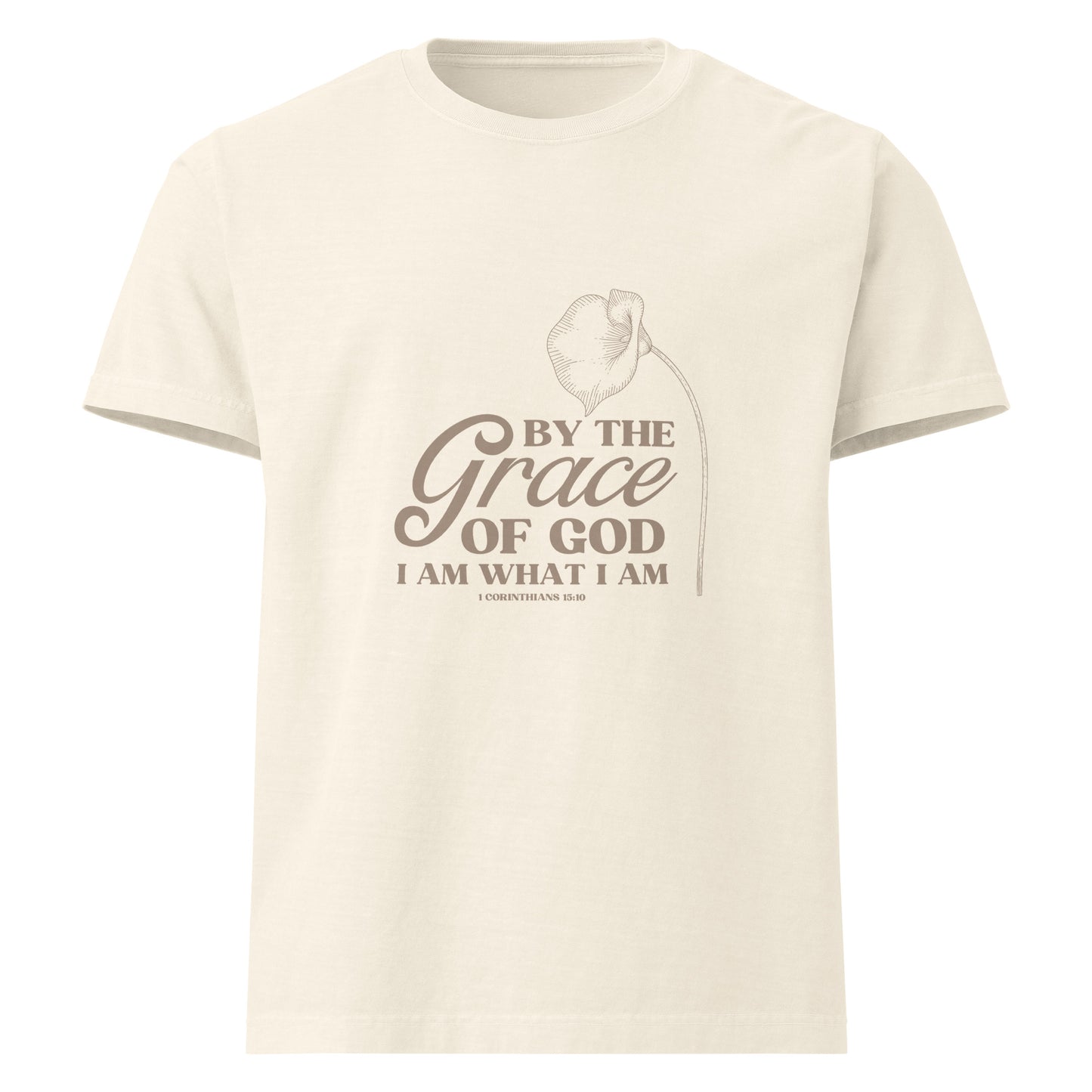 Vintage white colored Grace of God tee with lily and 1 Corinthians 15:10.  Faith message on Christian shirt.