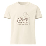Vintage white colored Grace of God tee with lily and 1 Corinthians 15:10.  Faith message on Christian shirt.