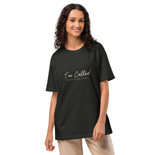 Model wearing Too Called For Playing Small oversized t-shirt. Faith based shirt, modern style.