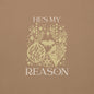 Gold "He is my reason" text with silhouette collage of ornaments, baby Jesus, stars, snowflakes on a latte colored sweatshirt