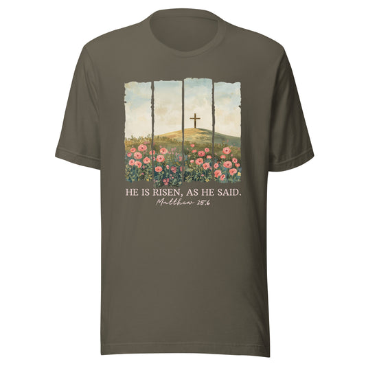 Army colored T-shirt with a cross and flowers design featuring the text 'He is risen, as he said. Matthew 28:6', Easter T-Shirt.