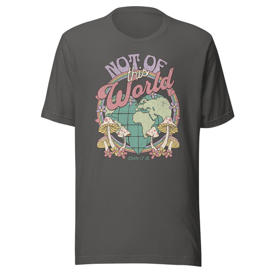 Retro pastel ‘Not of This World’ Christian t‑shirt design featuring globe, rainbow, flowers, mushrooms, and John 17:16 on a asphalt colored Bella + Canvas tee.